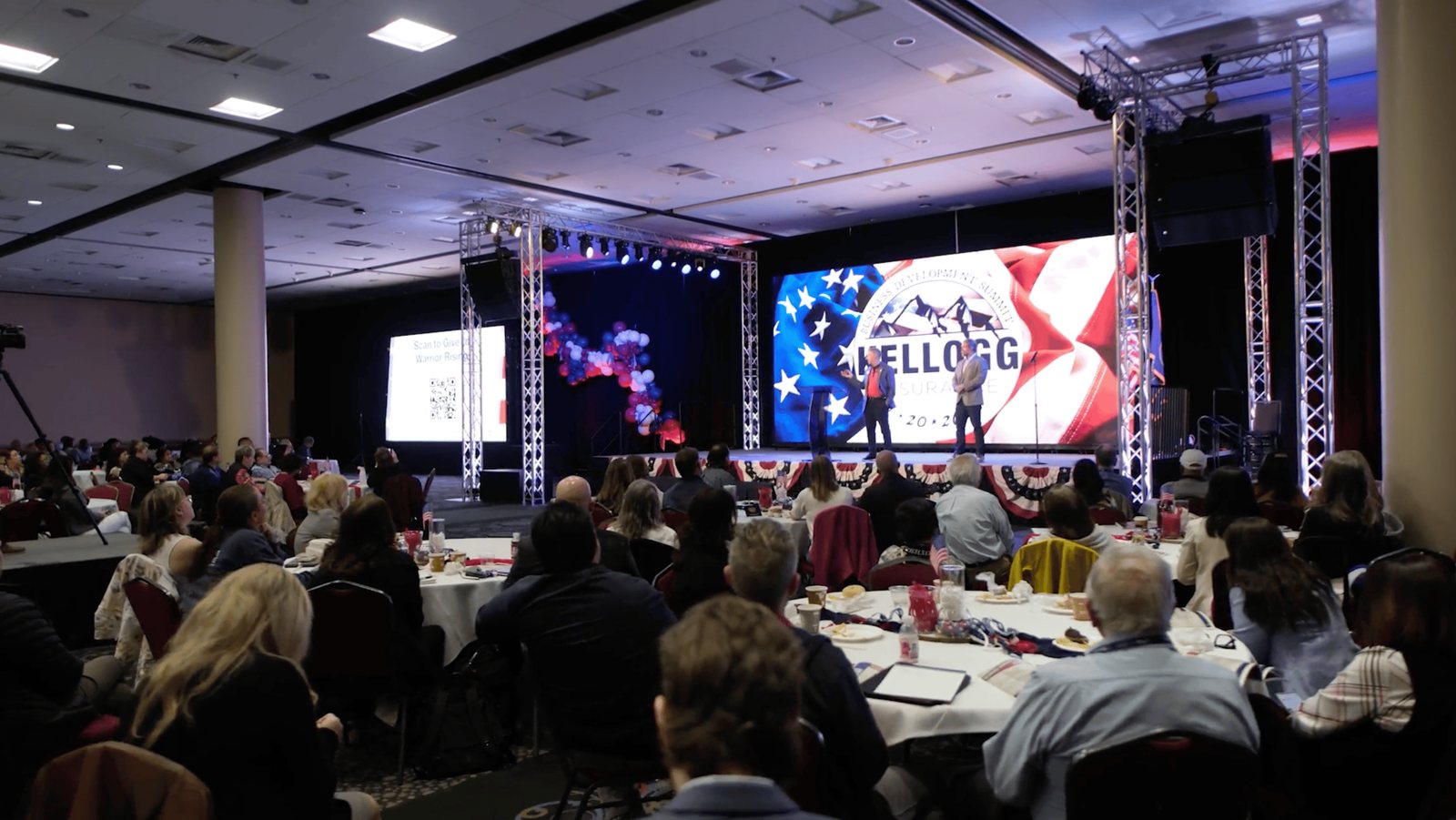 The Kellogg summit main stage, wide, with the LED wall and stage lighting